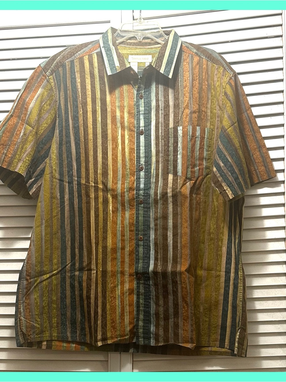 TERRITORY AHEAD STRIPED SHORT SLEEVE BUTTON UP SHIRT MENS XL GREEN ORANGE PLUM